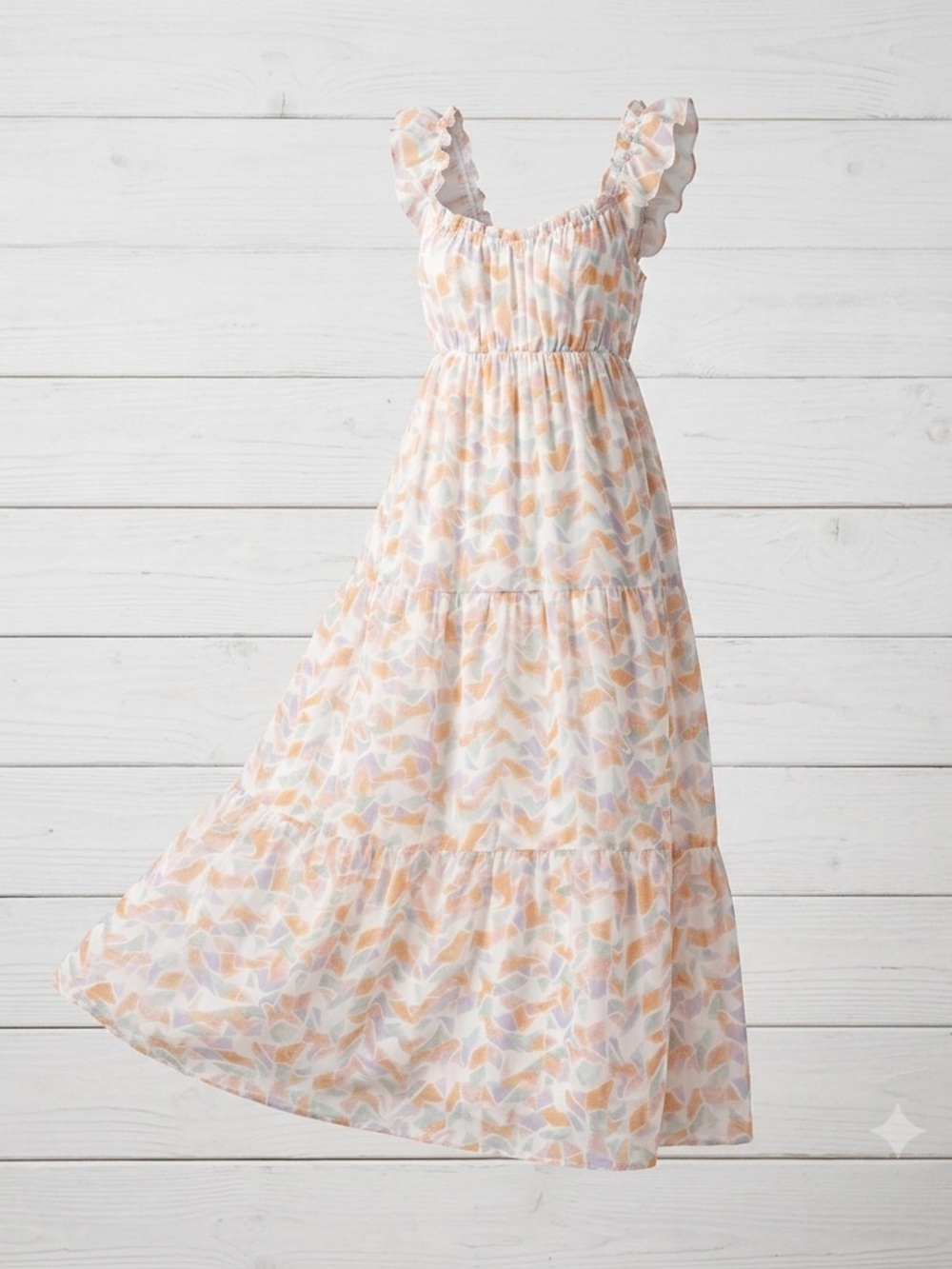 NWT Lush Clothing Geometric Ruffle Tiered Maxi Dress Pastel Orange Purple L